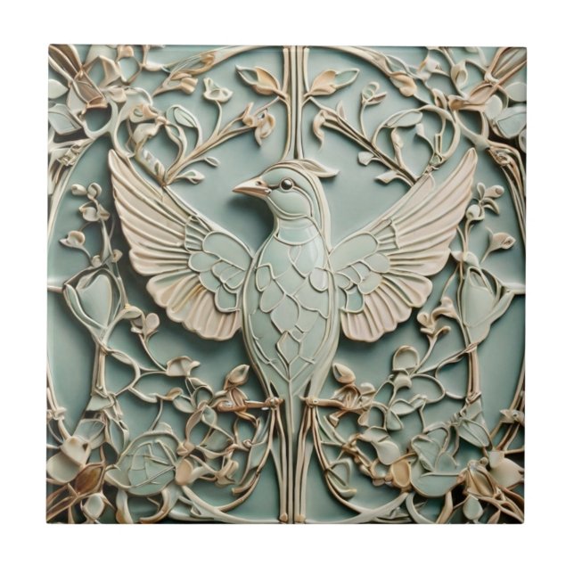Art Nouveau Faux Relief Left Bird Pastel Mint Ceramic Tile (Front)