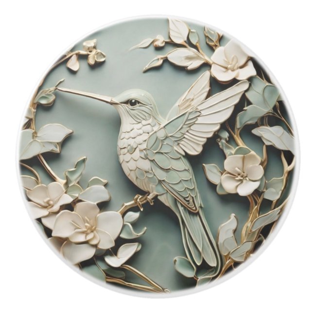 Art Nouveau Faux Relief Left Hummingbird Bird Mint Ceramic Knob (Front)