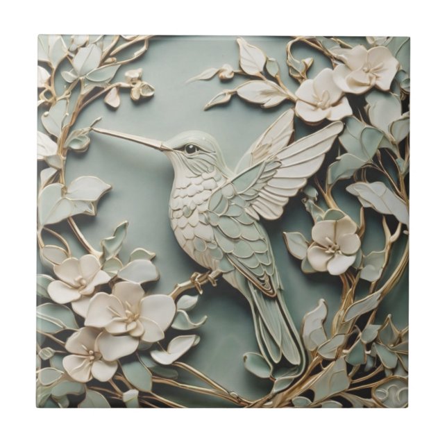 Art Nouveau Faux Relief Left Hummingbird Bird Mint Ceramic Tile (Front)
