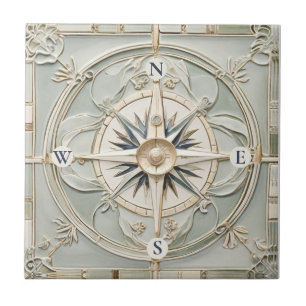 Art Nouveau Faux Relief Nautical Compass Rose Ceramic Tile
