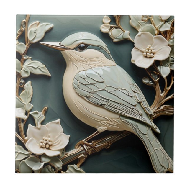 Art Nouveau Faux Relief Nuthatch Bird L Turquoise Ceramic Tile (Front)