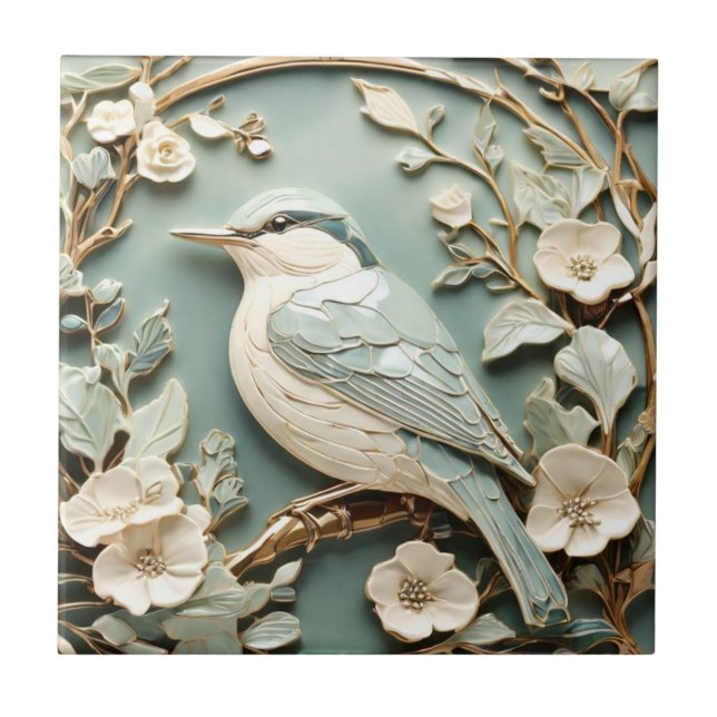 Art Nouveau Faux Relief Nuthatch Bird Left facing Ceramic Tile (Front)