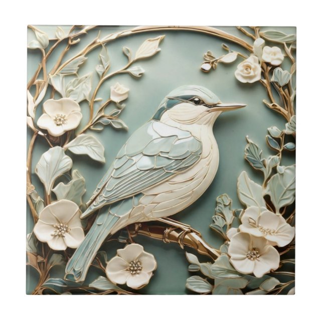 Art Nouveau Faux Relief Nuthatch Bird Right facing Ceramic Tile (Front)