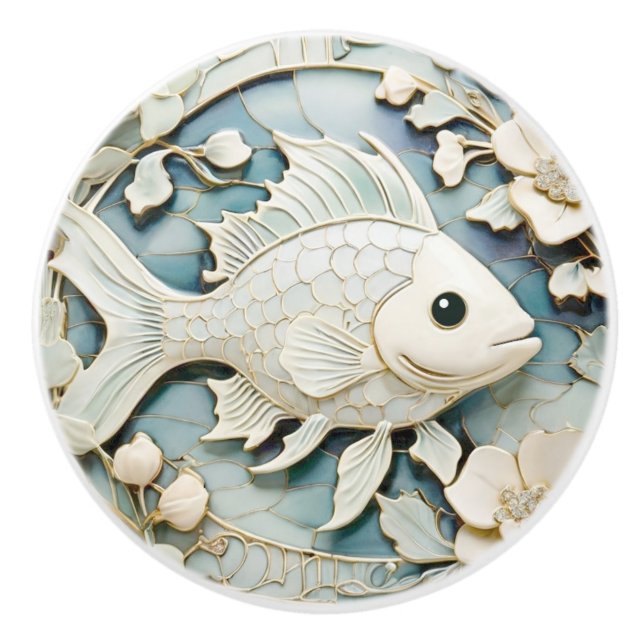 Art Nouveau Faux Relief Ocean Fish Right facing Ceramic Knob (Front)