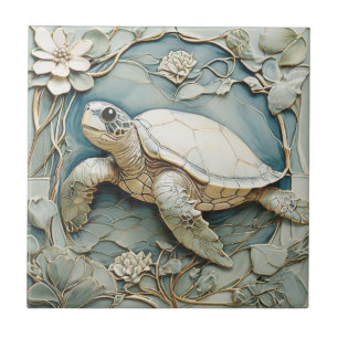 Art Nouveau Faux Relief Ocean Sea Turtle Left Ceramic Tile