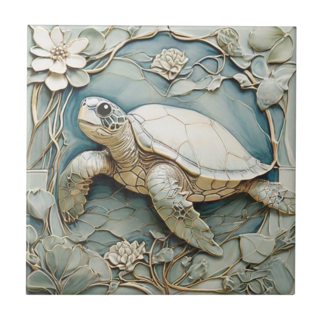 Art Nouveau Faux Relief Ocean Sea Turtle Left Ceramic Tile (Front)