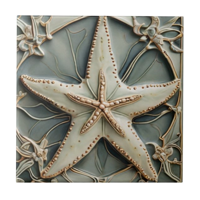 Art Nouveau Faux Relief Ocean Starfish Sea Star Ceramic Tile (Front)