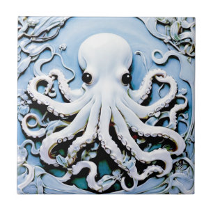 Art Nouveau Faux Relief Octopus - Blue & White Ceramic Tile