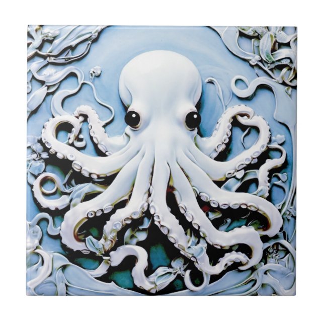 Art Nouveau Faux Relief Octopus - Blue & White Ceramic Tile (Front)