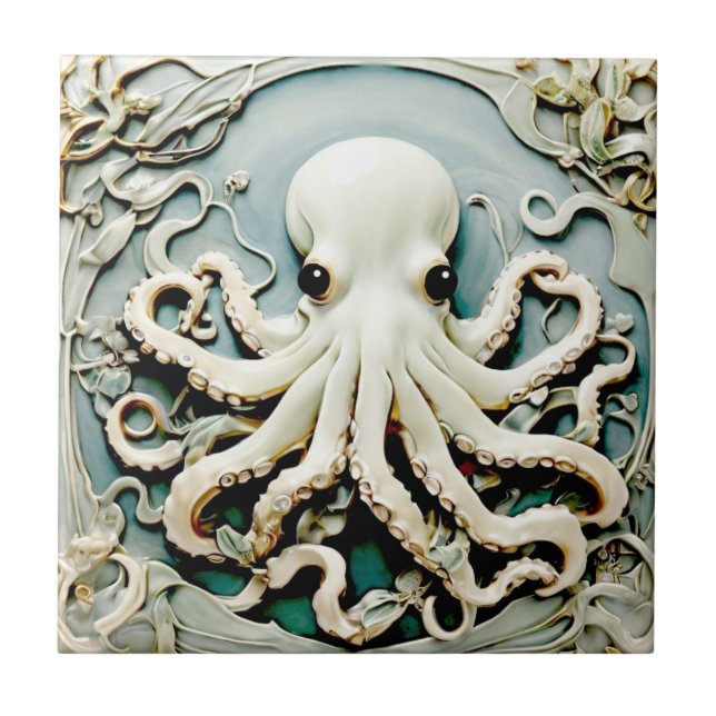 Art Nouveau Faux Relief Octopus - Ocean Sea Life Ceramic Tile (Front)
