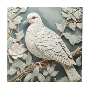 Art Nouveau Faux Relief Pigeon Dove Bird Mint Ceramic Tile