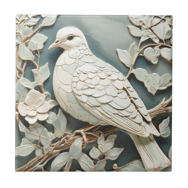 Art Nouveau Faux Relief Pigeon Dove Bird Mint Ceramic Tile (Front)