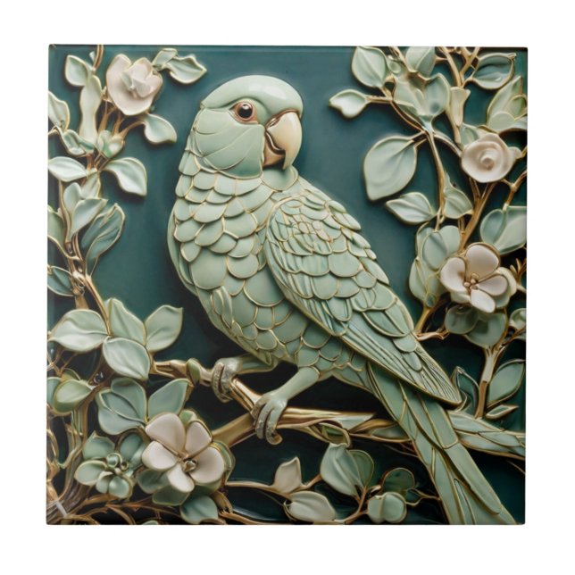 Art Nouveau Faux Relief R Parakeet Bird Teal Green Ceramic Tile (Front)