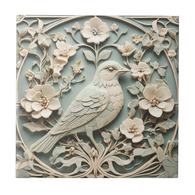 Art Nouveau Faux Relief Right Bird Flowery Mint Ceramic Tile (Front)
