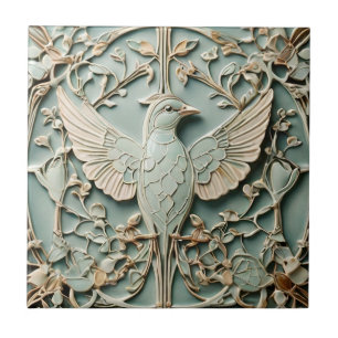 Art Nouveau Faux Relief Right Bird Pastel Mint Ceramic Tile