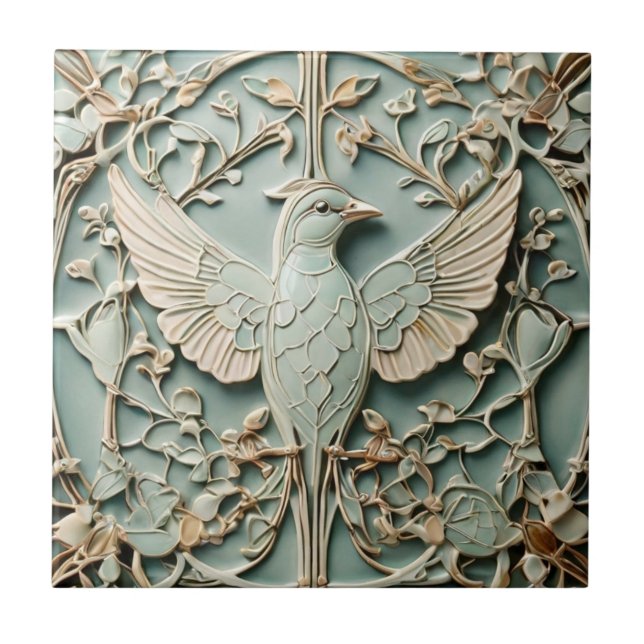 Art Nouveau Faux Relief Right Bird Pastel Mint Ceramic Tile (Front)