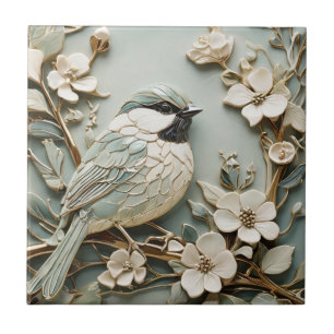 Art Nouveau Faux Relief Right Chickadee Bird Mint Ceramic Tile