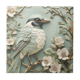 Art Nouveau Faux Relief Right Magpie Bird Mint Ceramic Tile