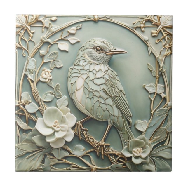 Art Nouveau Faux Relief Right Starling Bird Sage Ceramic Tile (Front)