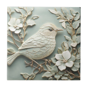 Art Nouveau Faux Relief Right Wren Bird Mint Ceramic Tile