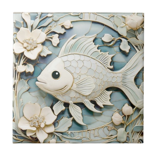 Art Nouveau Faux Relief Sea Ocean Fish Left facing Ceramic Tile (Front)