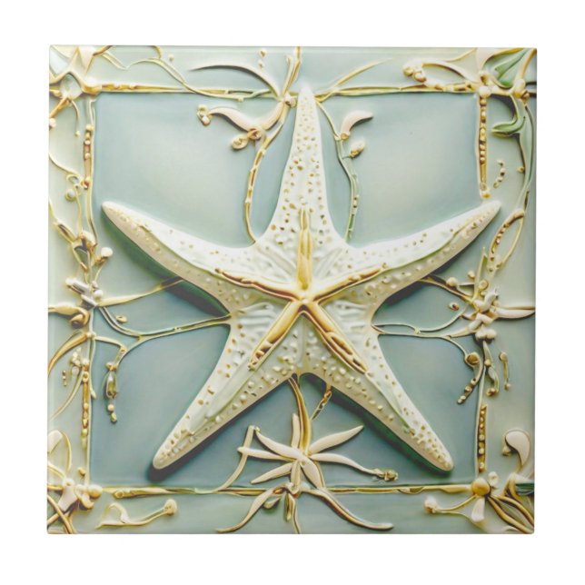 Art Nouveau Faux Relief Starfish Sea Star Beach Ceramic Tile (Front)