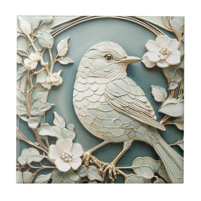 Art Nouveau Faux Relief Wren Bird Antique Mint Ceramic Tile (Front)