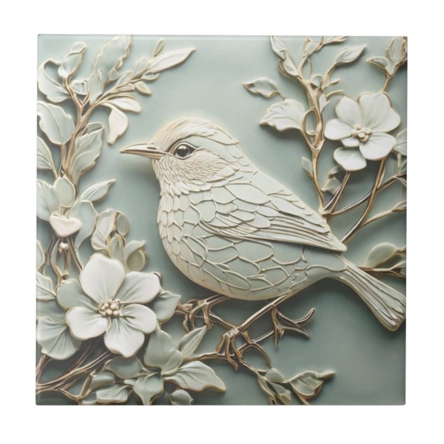 Art Nouveau Faux Relief Wren Bird Vintage Mint Ceramic Tile (Front)