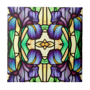 Art Nouveau Faux Stained Glass Purple Iris Flowers Ceramic Tile
