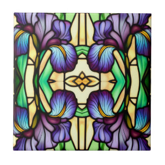 Art Nouveau Faux Stained Glass Purple Iris Flowers Ceramic Tile