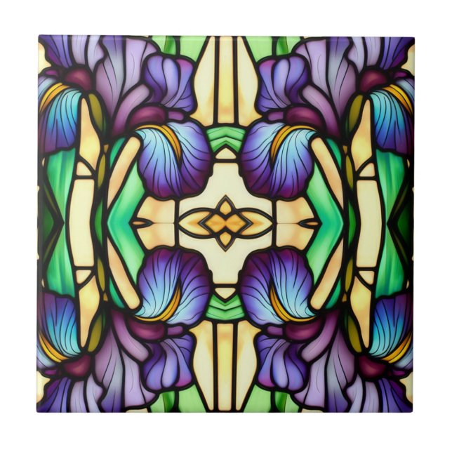 Art Nouveau Faux Stained Glass Purple Iris Flowers Ceramic Tile (Front)