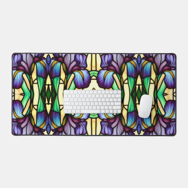Art Nouveau Faux Stained Glass Purple Iris Flowers Desk Mat (Keyboard & Mouse)