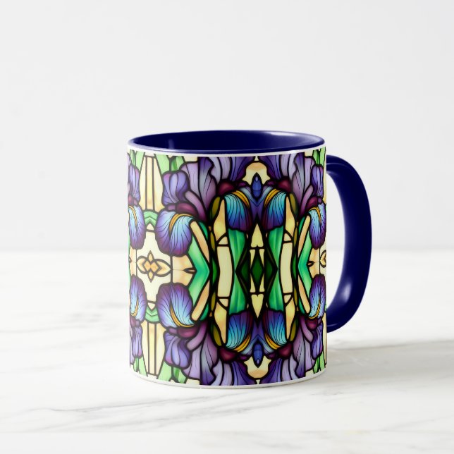 Art Nouveau Faux Stained Glass Purple Iris Flowers Mug (Front Right)