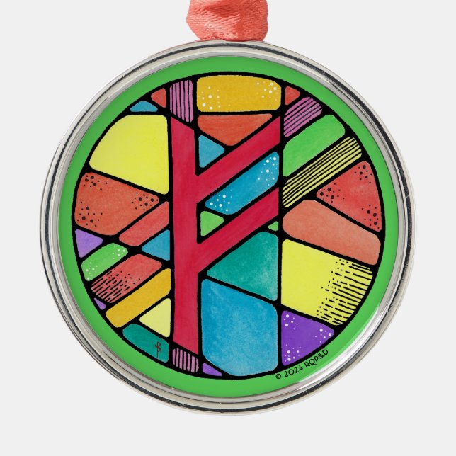 Art Nouveau Fehu Rune of Wealth Metal Ornament (Front)