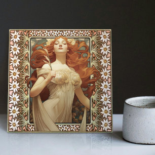 Art Nouveau Female Portrait Mucha Edelweiss Flower Ceramic Tile