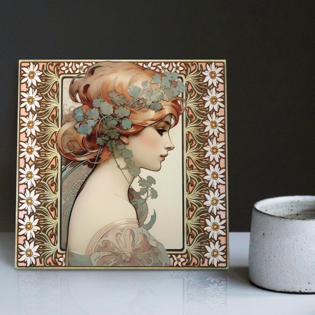 Art Nouveau Female Portrait Mucha Edelweiss Flower Ceramic Tile (Creator Uploaded)