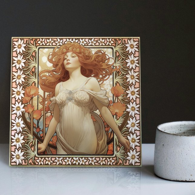 Art Nouveau Female Portrait Mucha Edelweiss Flower Ceramic Tile (Creator Uploaded)