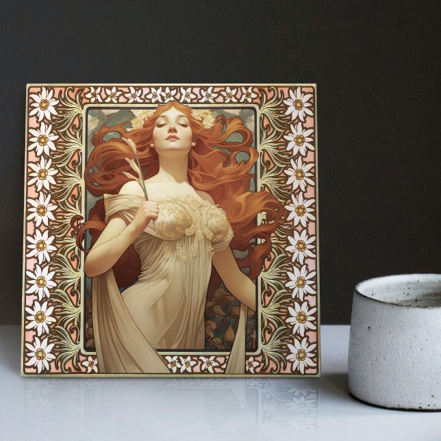 Art Nouveau Female Portrait Mucha Edelweiss Flower Ceramic Tile (Creator Uploaded)