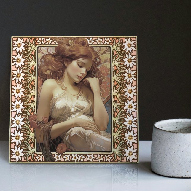 Art Nouveau Female Portrait Mucha Edelweiss Flower Ceramic Tile (Creator Uploaded)