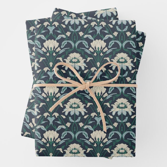 Art Nouveau Floral Blue Cream Green Wrapping Paper Sheet (In situ)