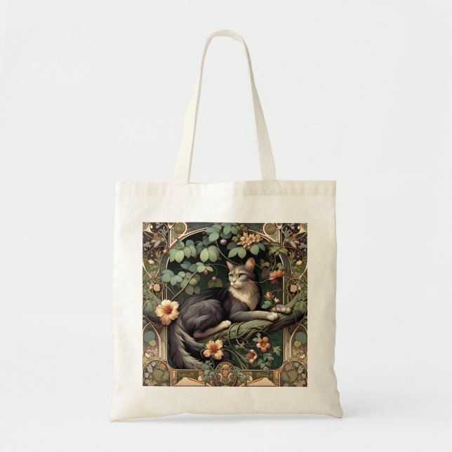 Art Nouveau Floral Cat Elegance Tote Bag (Front)