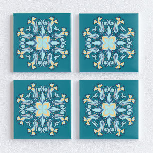 Art Nouveau Floral Ceramic Tile in Peacock Teal