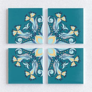 Art Nouveau Floral Ceramic Tile in Peacock Teal