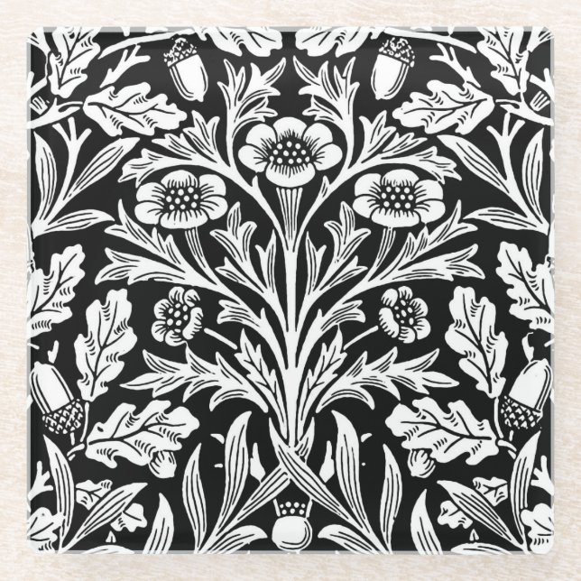 Art Nouveau Floral Damask, Black and White Glass Coaster (Front)