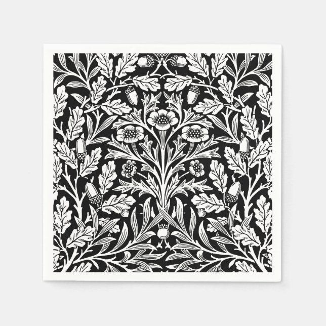Art Nouveau Floral Damask, Black and White Napkin (Front)