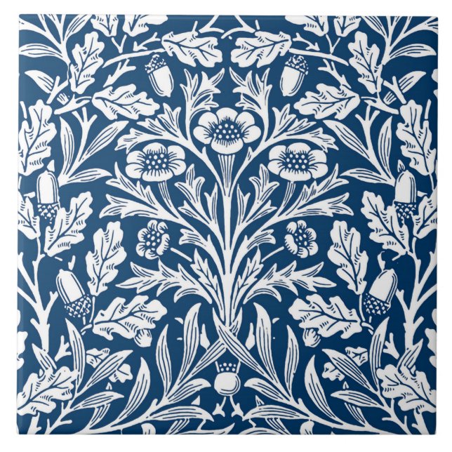 Art Nouveau Floral Damask, Cobalt Blue and White Ceramic Tile (Front)