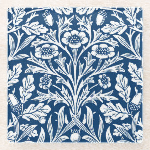 Art Nouveau Floral Damask, Cobalt Blue and White Glass Coaster