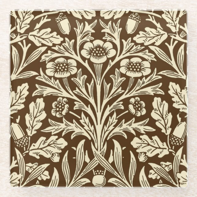 Art Nouveau Floral Damask, Dark Brown and Beige Glass Coaster (Front)