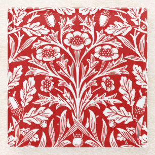 Art Nouveau Floral Damask, Dark Red and White Glass Coaster