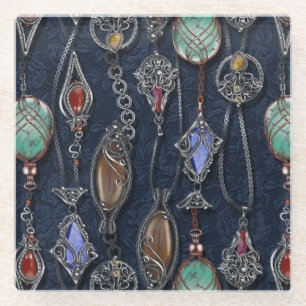 Art Nouveau Floral: Denim Elegance. Glass Coaster